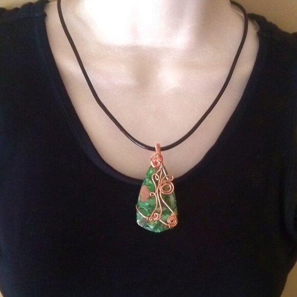 Chunky! Green Sea Sediment Jasper Pendant w. Leather Cord 20"! New Fall Jewelry! - Picture 10 of 12